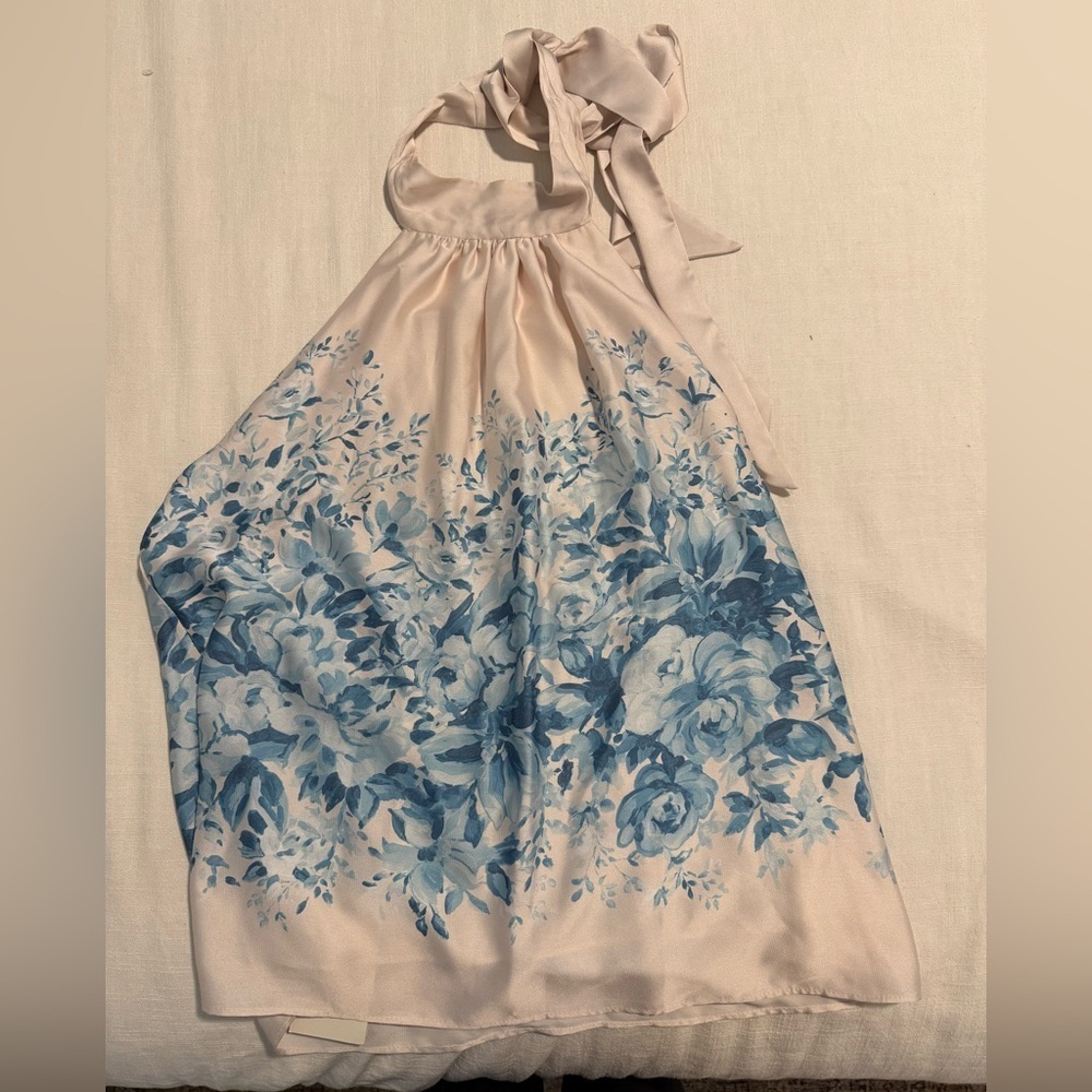 NWT Parker Cream and Blue Floral Halter Satin Blouse Womens size Large